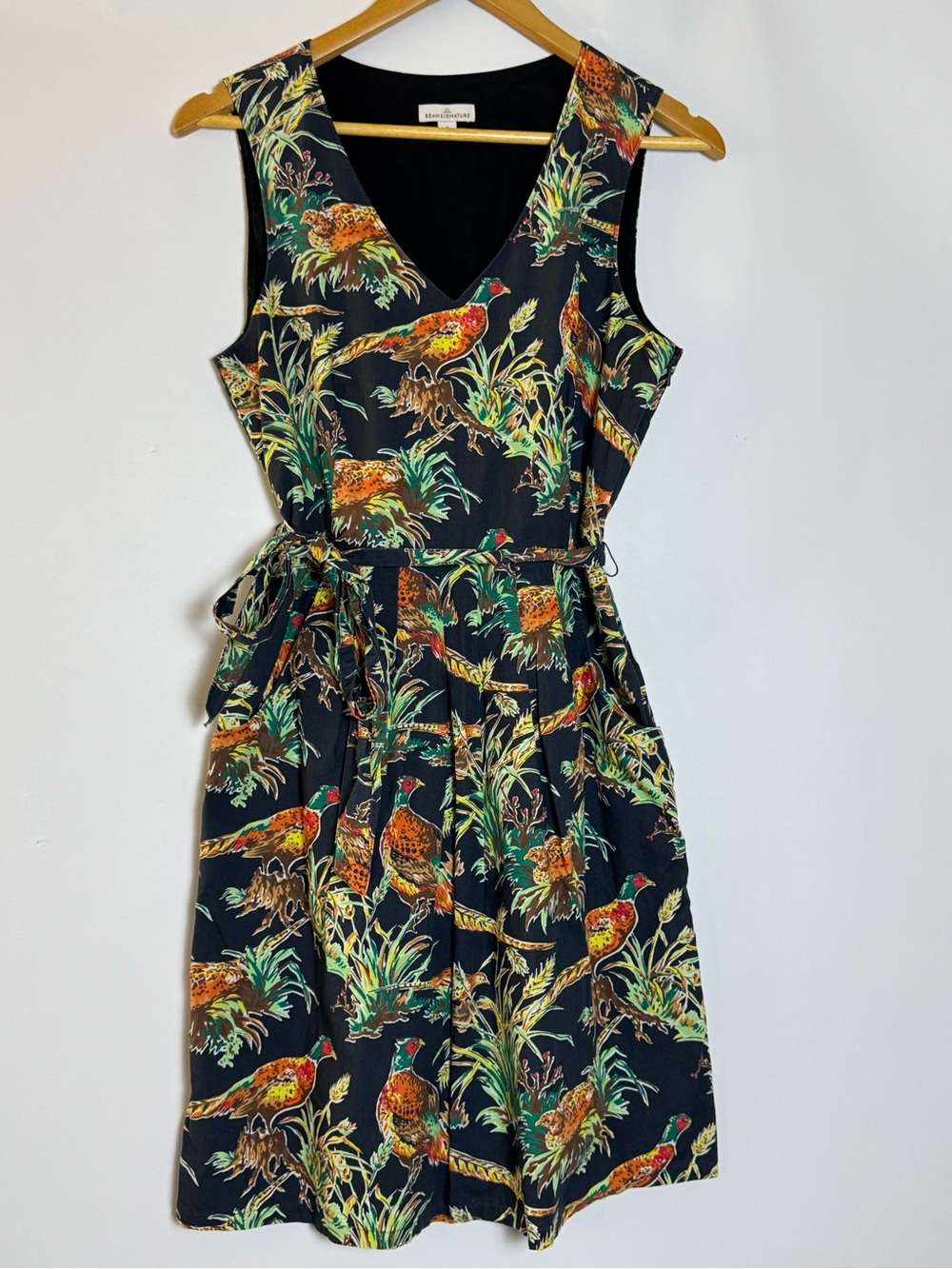 LL Bean Signature Pheasant Print Belted Dress Cottagecore Preppy 8
